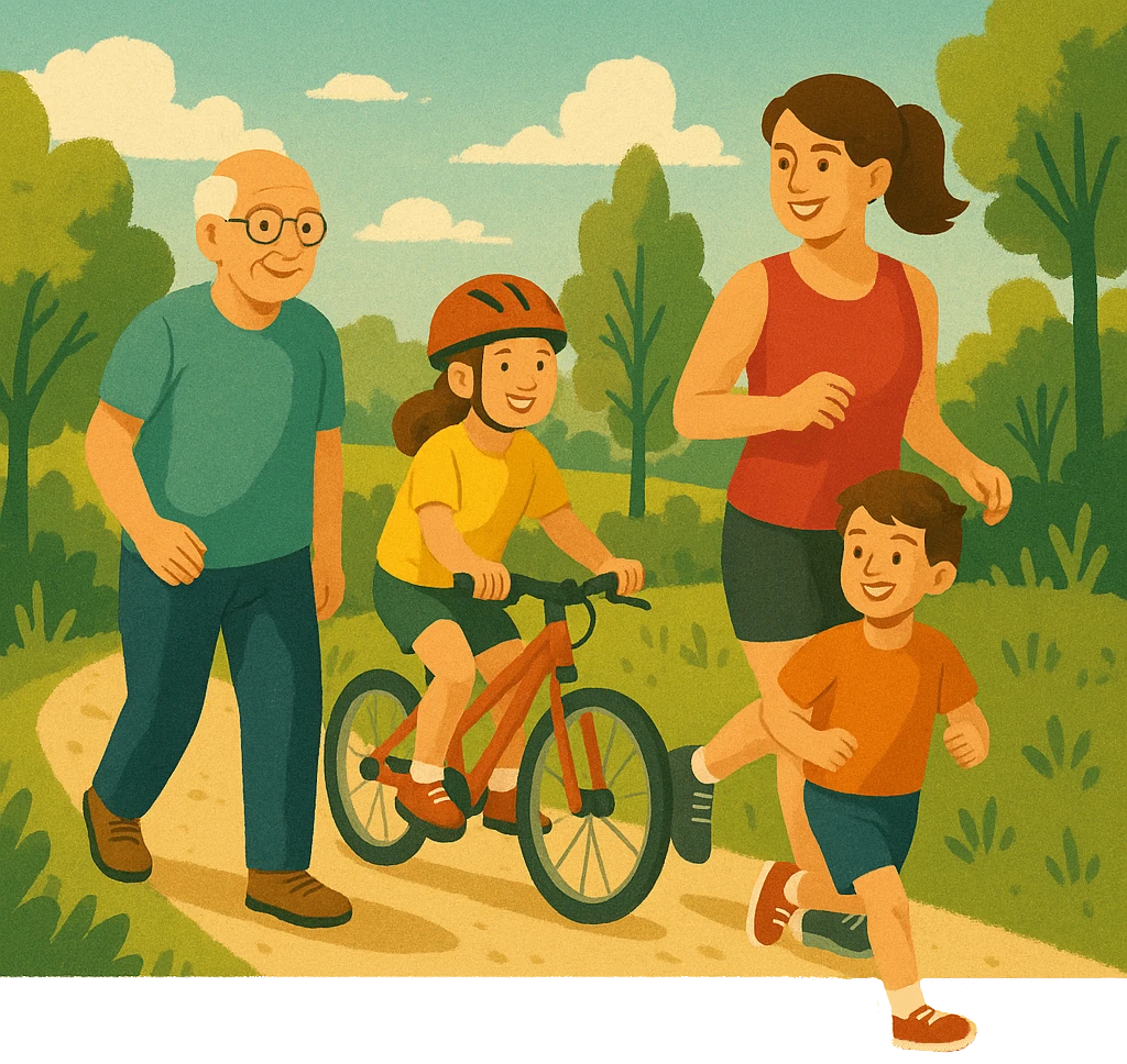 Un grand-père qui marche, une fille qui fait du vélo, une maman et un fils qui courent